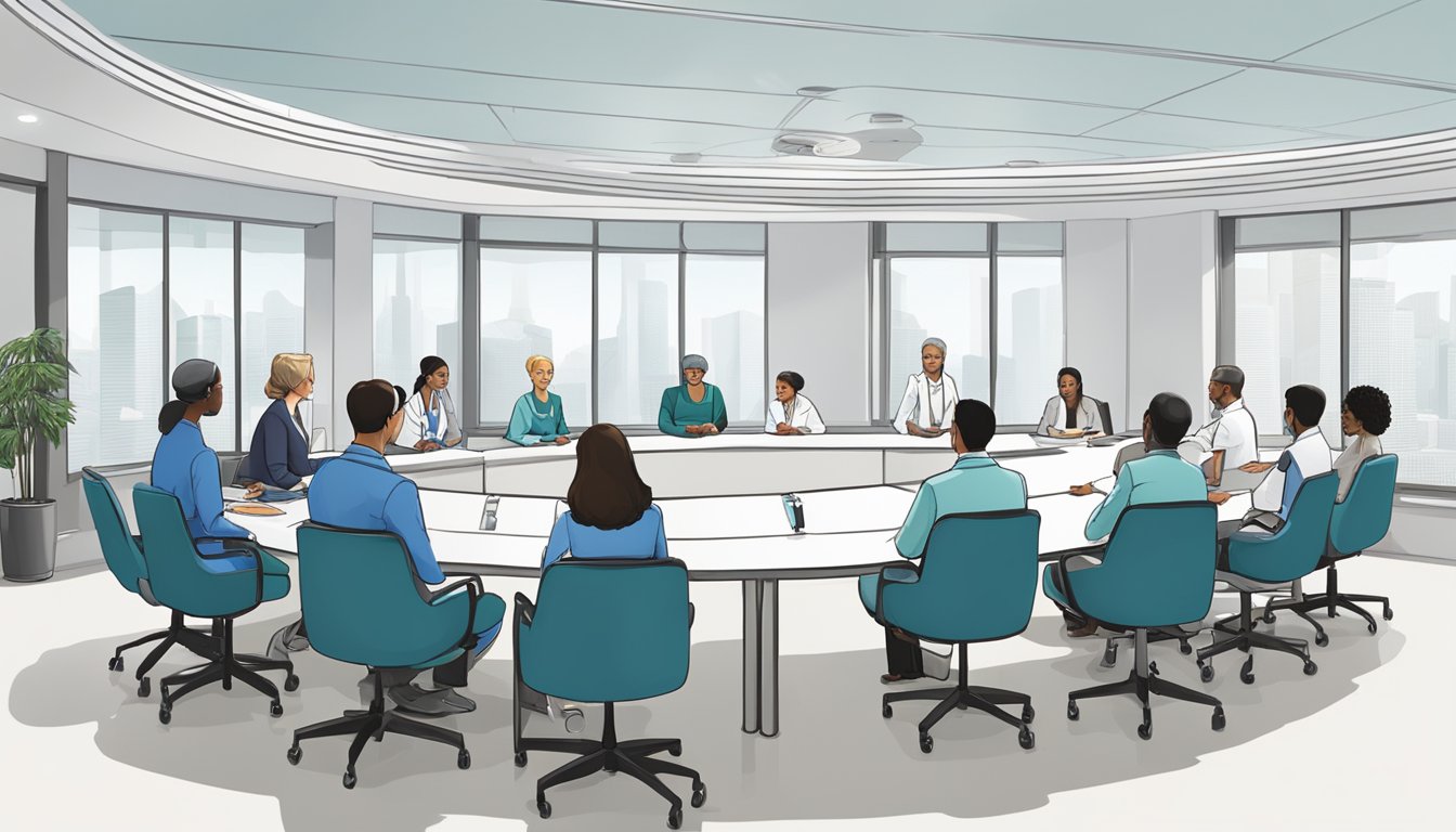 A group of medical professionals discussing services at a summit, with a focus on concierge care. Tables and chairs arranged in a conference room