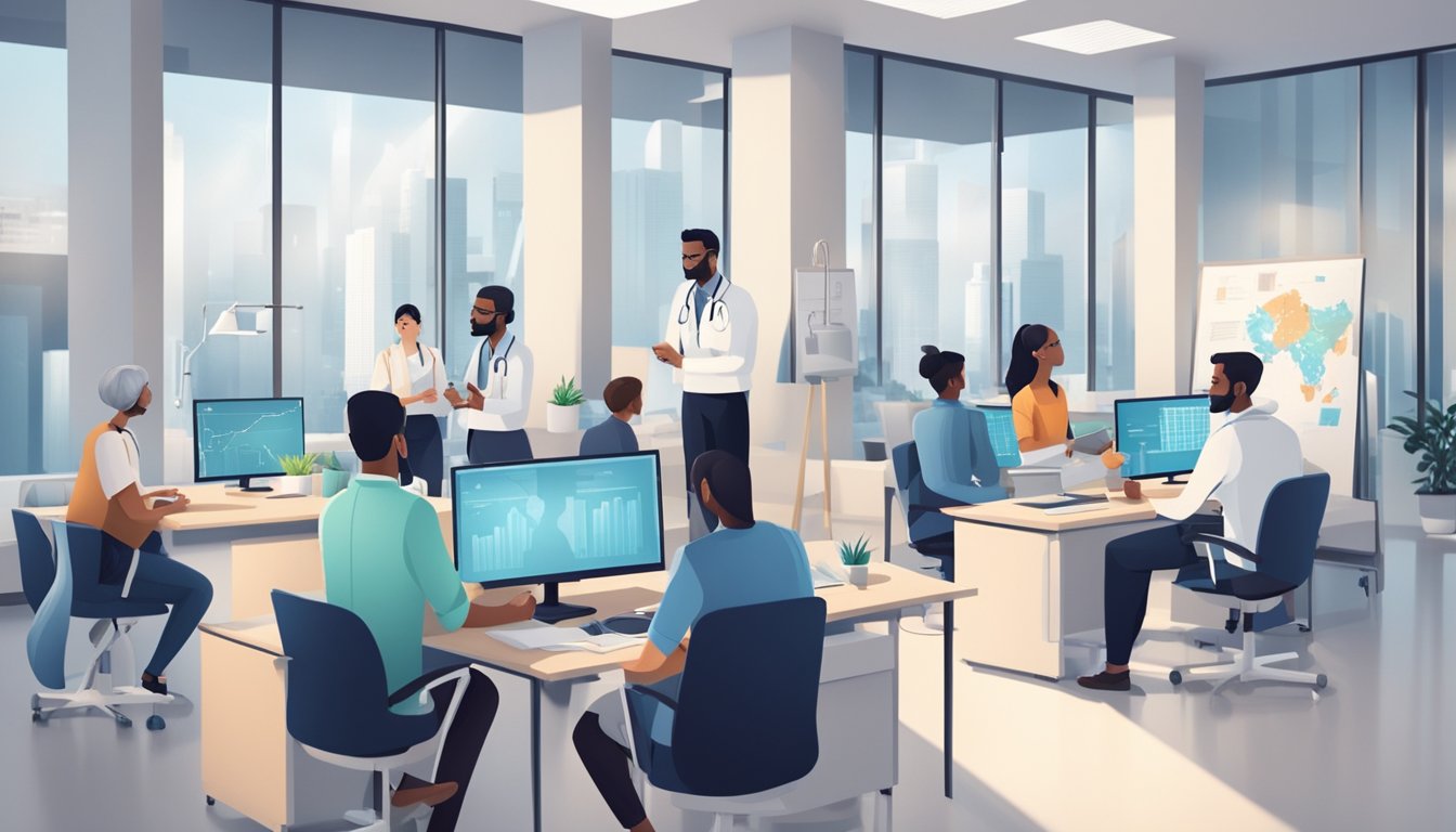 A group of medical professionals consult with clients at a modern office, surrounded by charts and medical equipment. The atmosphere is professional and welcoming