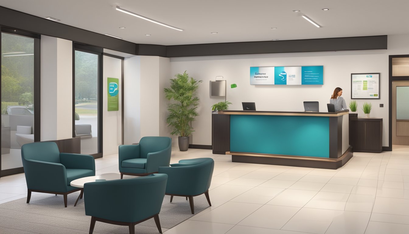 A modern, welcoming reception area with comfortable seating, a sleek front desk, and a display of positive customer reviews on the wall