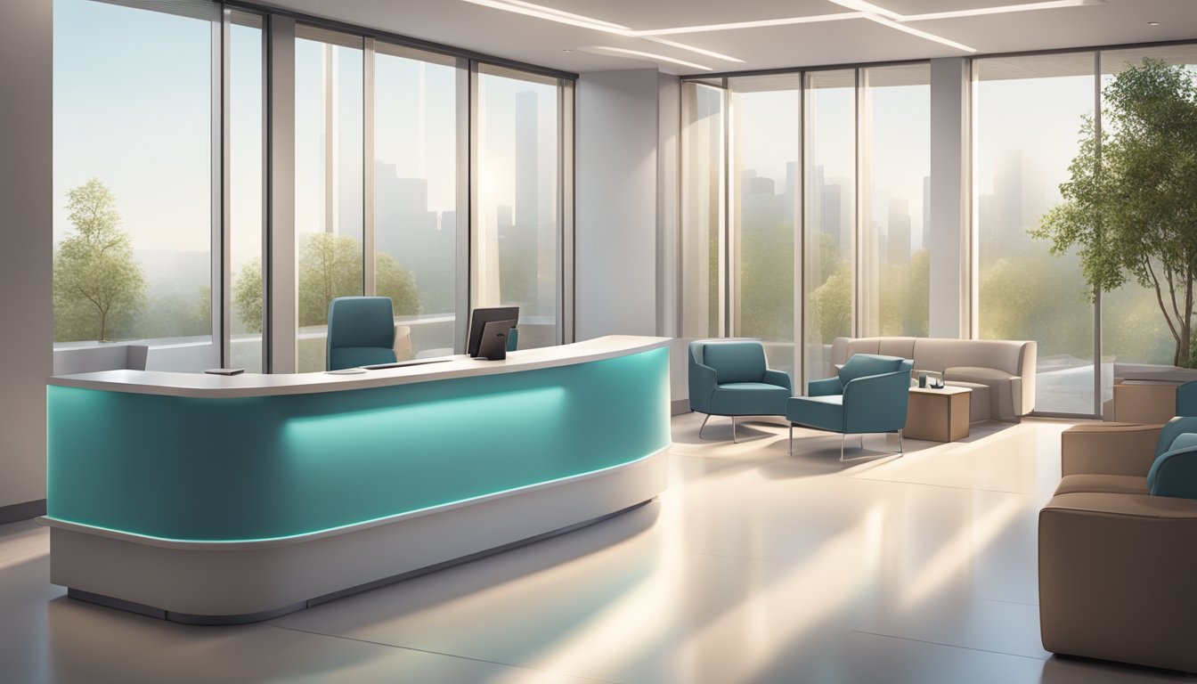 A modern medical concierge desk with a sleek, minimalist design, surrounded by comfortable seating and large windows letting in natural light