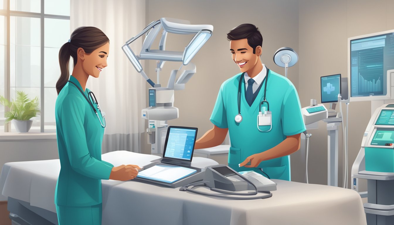A medical concierge assisting a patient with a warm smile, surrounded by modern medical equipment and a calming atmosphere