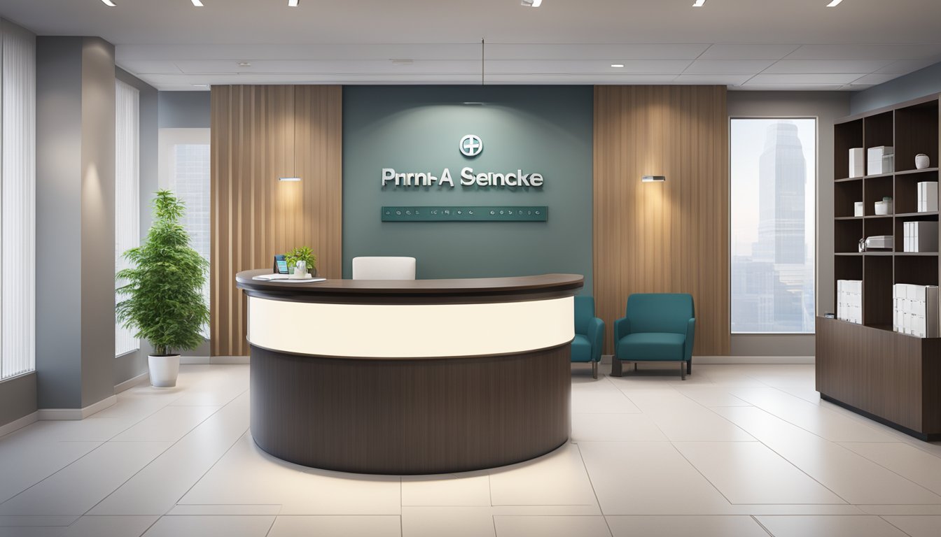 A modern medical concierge service office with sleek furniture, a reception desk, and a logo prominently displayed on the wall