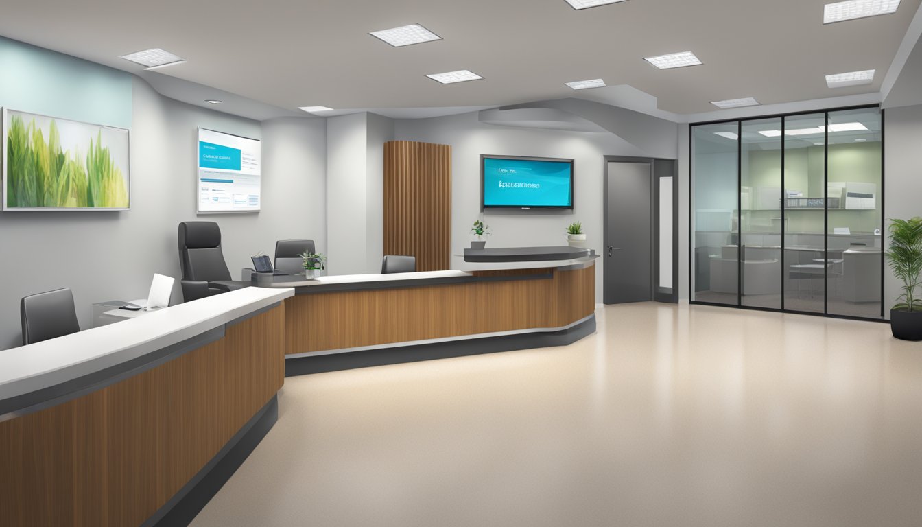 A modern medical concierge office with sleek furniture and a reception desk. A sign with "Scope of Services Prism Partnerships" displayed prominently