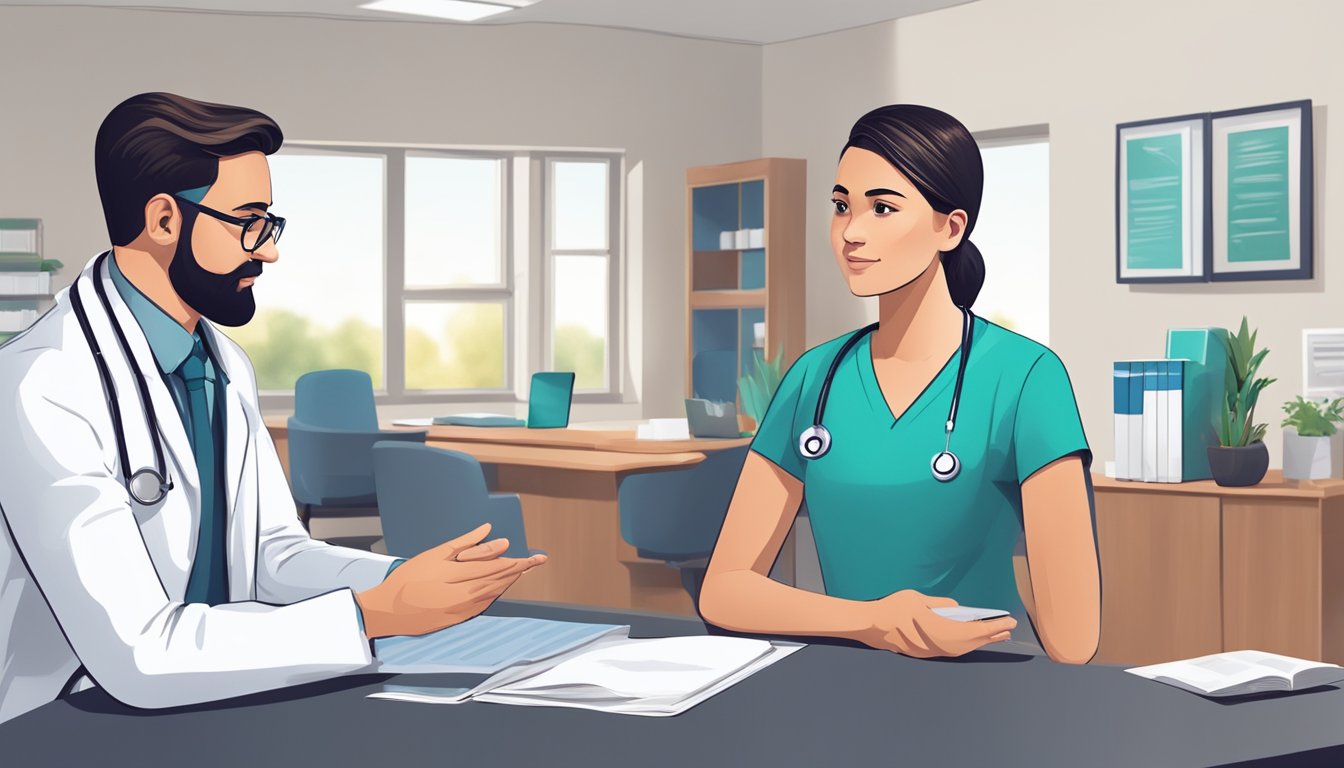 A doctor and patient discuss medical care in a modern, comfortable office setting. The doctor listens attentively while the patient speaks, creating a sense of trust and partnership