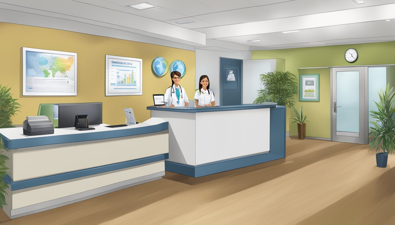 A welcoming medical concierge office with modern decor and a friendly receptionist. The sign "Prism Partnerships" is prominently displayed. Opening hours are posted on the door