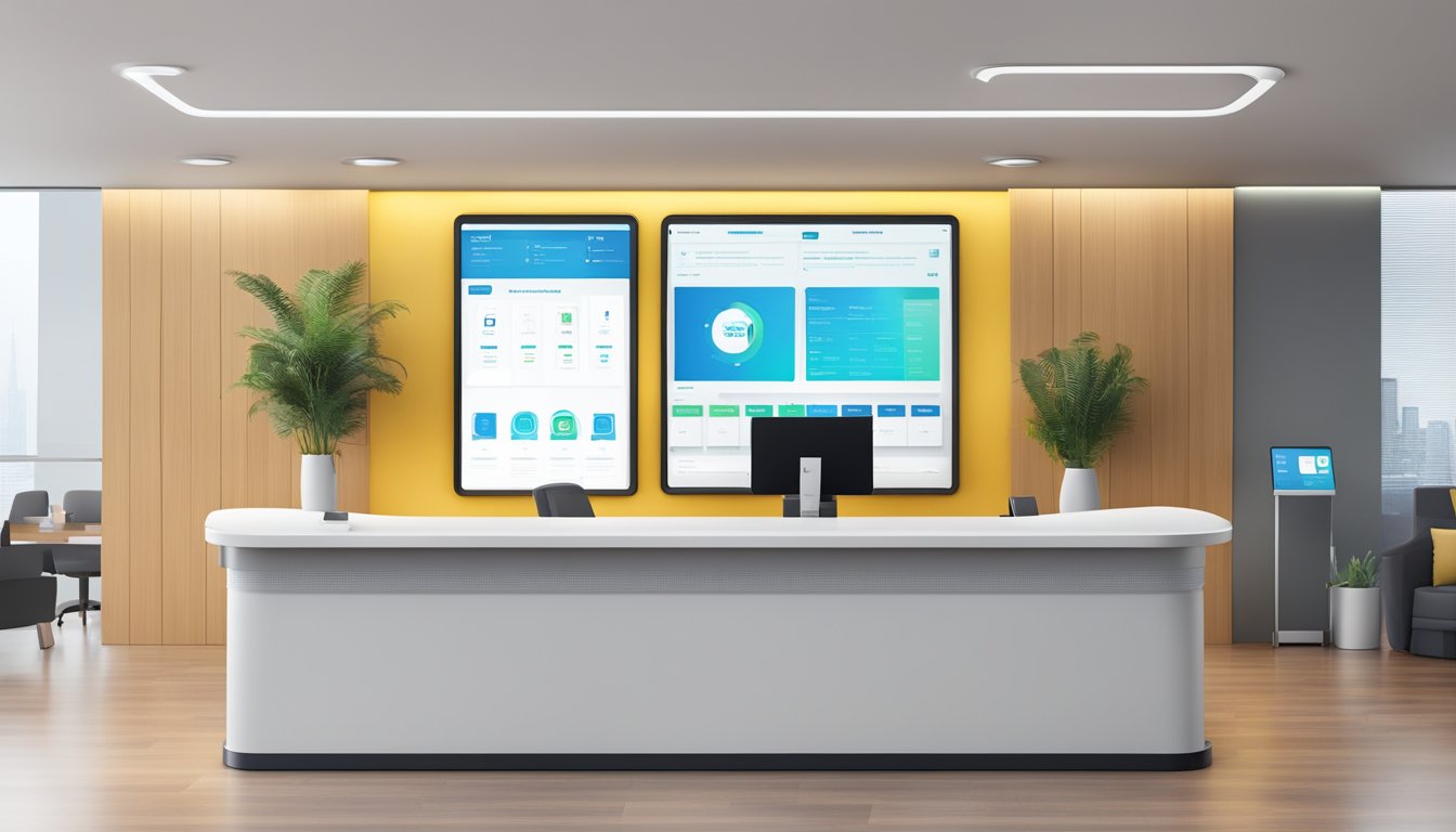 A modern medical concierge desk with a sleek, minimalist design, featuring a logo and a digital display of services offered