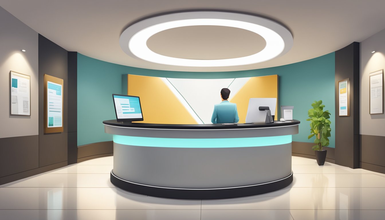 A modern, well-lit medical concierge desk with a sleek, minimalist design. A friendly receptionist stands ready to assist patients