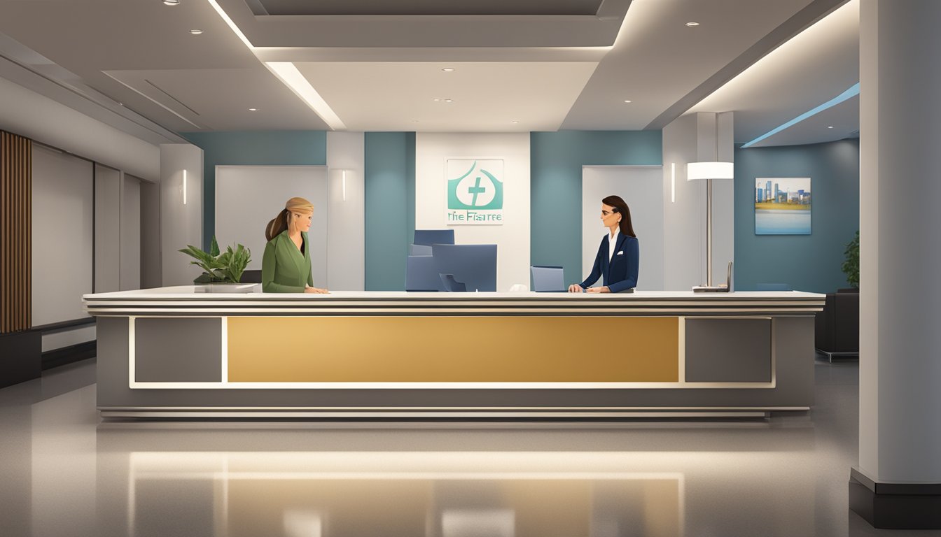 A sleek and modern medical concierge desk with a professional receptionist assisting a client. The logo of "The Farrer Concierge" is prominently displayed on the desk