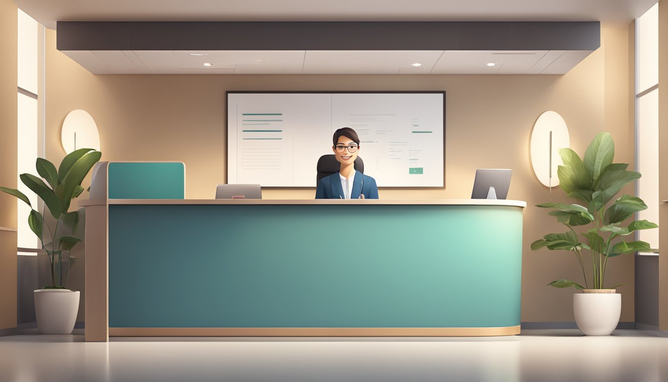A sleek, modern reception desk with a friendly concierge greeting a patient. A comfortable waiting area with soft lighting and soothing decor