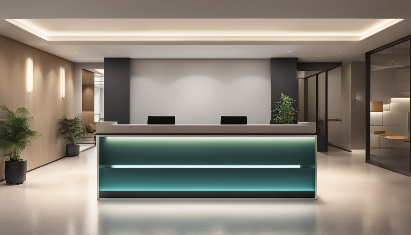 A sleek reception desk with a modern design, surrounded by comfortable seating and a welcoming atmosphere. The space is well-lit and inviting, with a professional yet friendly ambiance