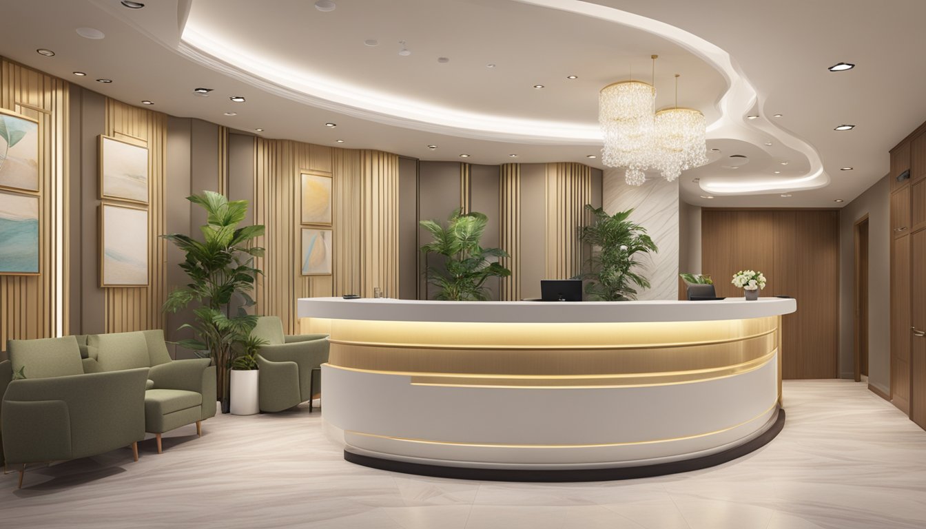 The reception area of Dream Plastic Surgery Pte Ltd, with modern decor and a friendly concierge welcoming guests