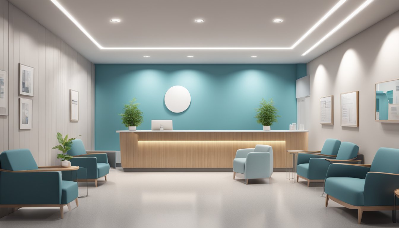 A sleek, modern clinic with minimalist decor and state-of-the-art medical equipment. The reception area is inviting, with comfortable seating and a calming color scheme