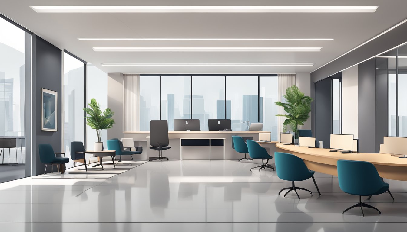 A sleek, modern office with a reception desk and comfortable seating. Clean, minimalist decor with a professional yet welcoming atmosphere