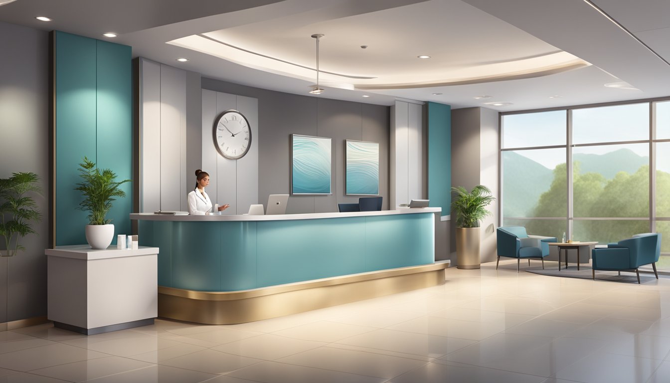 A modern, sleek medical concierge office with a welcoming reception area and comfortable seating. A team of professionals is seen assisting clients with care and expertise