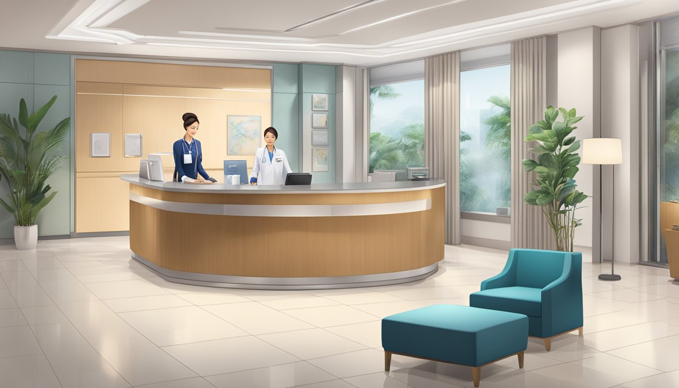 A modern, sleek reception area with a sign for "Dream Plastic Surgery Pte Ltd" and a desk with a medical concierge assisting a patient