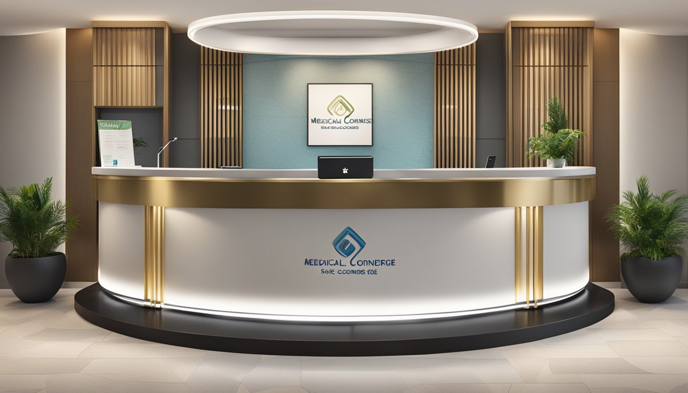 A sleek, modern concierge desk with a logo and signage for "Medical Concierge SG" displayed prominently. A professional, welcoming atmosphere with a hint of luxury