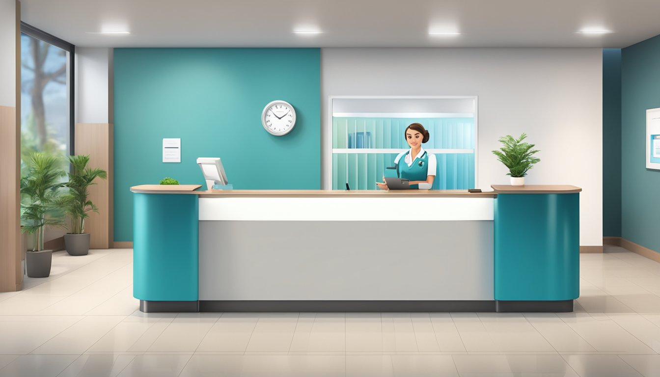 A sleek, modern medical concierge desk with a logo prominently displayed. A friendly receptionist greets visitors in a bright, welcoming space