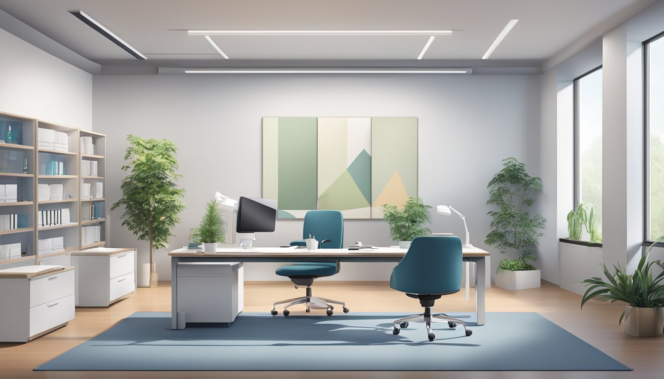 A modern, professional setting with a sleek desk, computer, and medical equipment. Clean, organized, and inviting space for medical concierge services