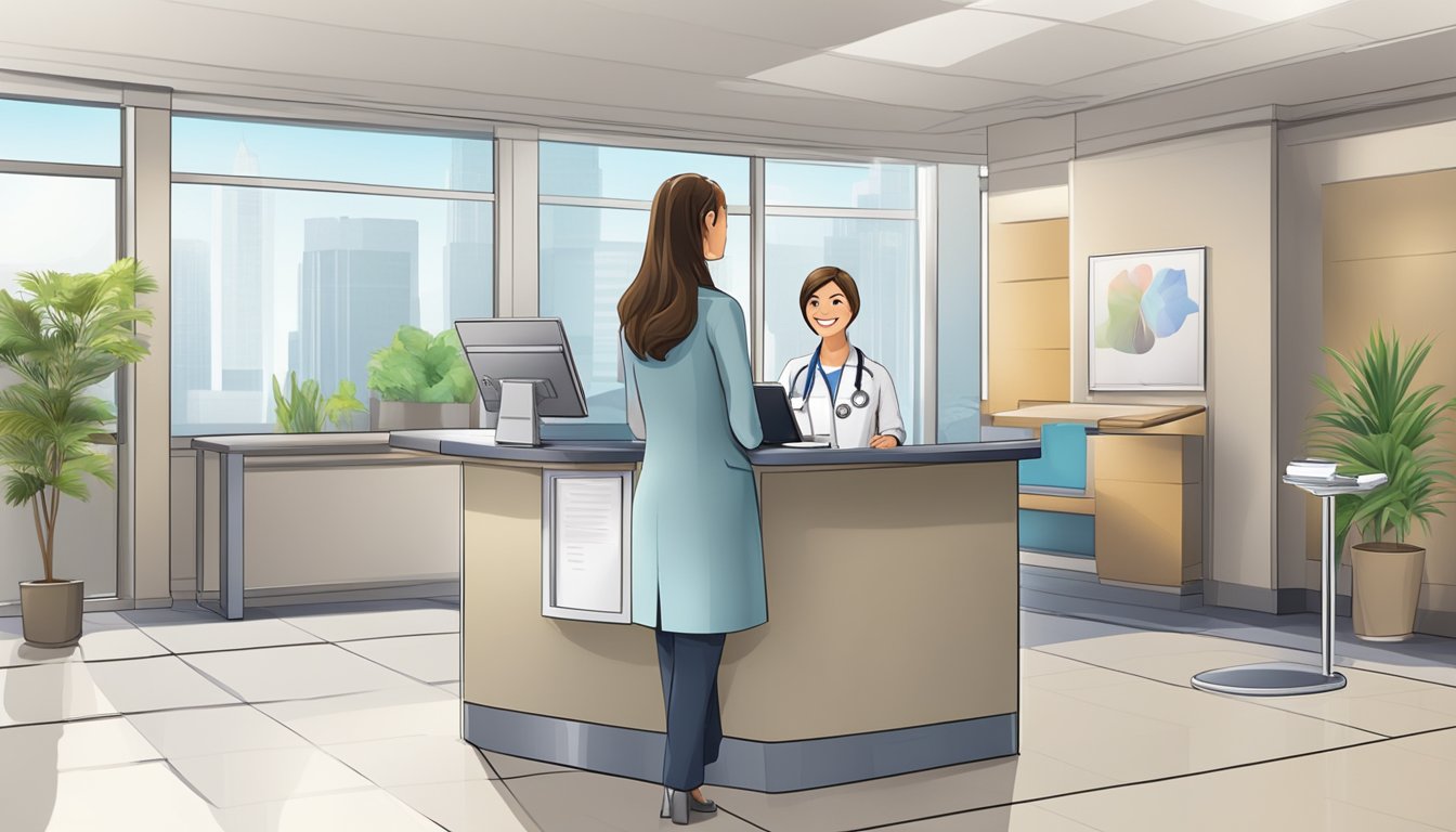 A medical concierge desk with a computer, phone, and brochure rack. A friendly receptionist greets a patient with a warm smile