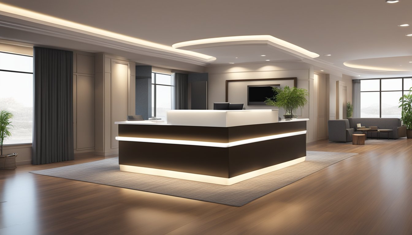 A sleek, modern reception desk with a logo prominently displayed. The room is warmly lit and inviting, with comfortable seating and a professional atmosphere
