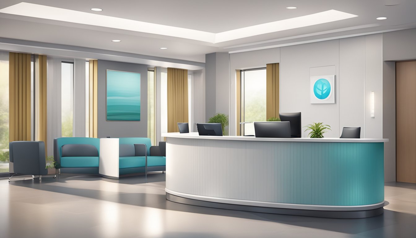 A modern medical concierge desk with sleek design and professional staff assisting patients in a comfortable waiting area
