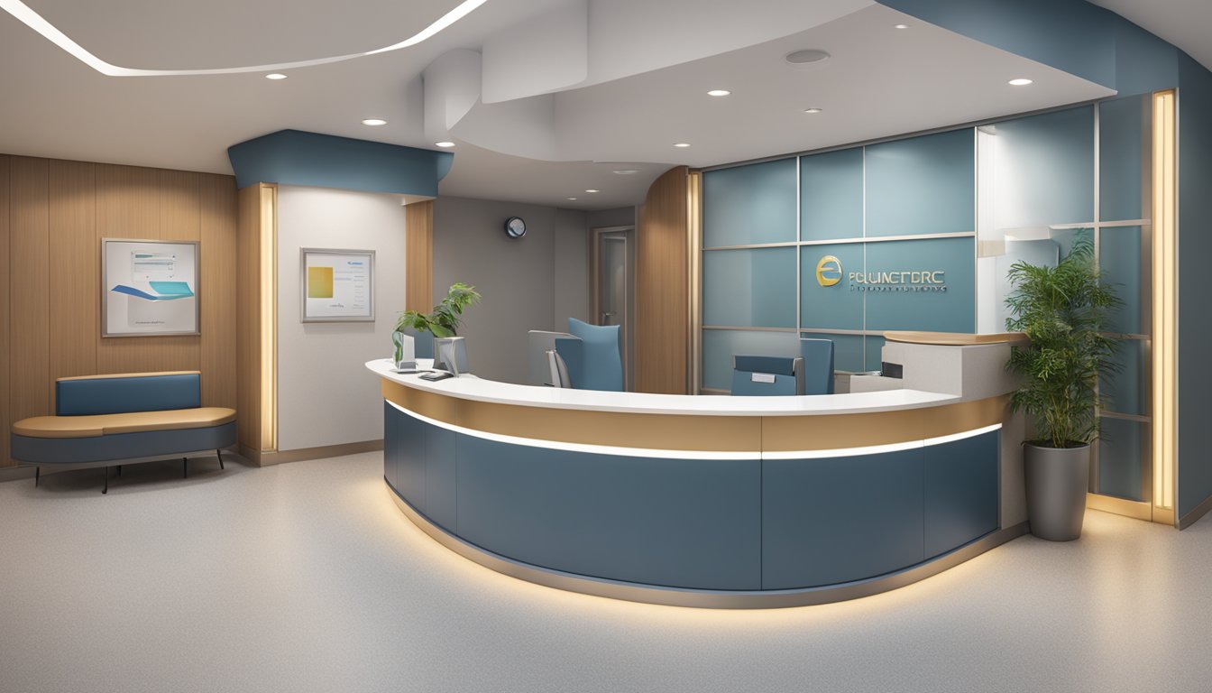 A modern medical concierge office with sleek furniture, a reception desk, and a logo prominently displayed