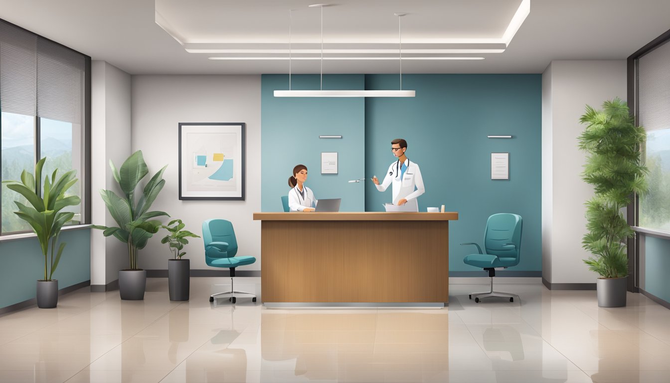 A modern medical concierge office with sleek furniture and a reception desk. A friendly staff member assists a patient with paperwork