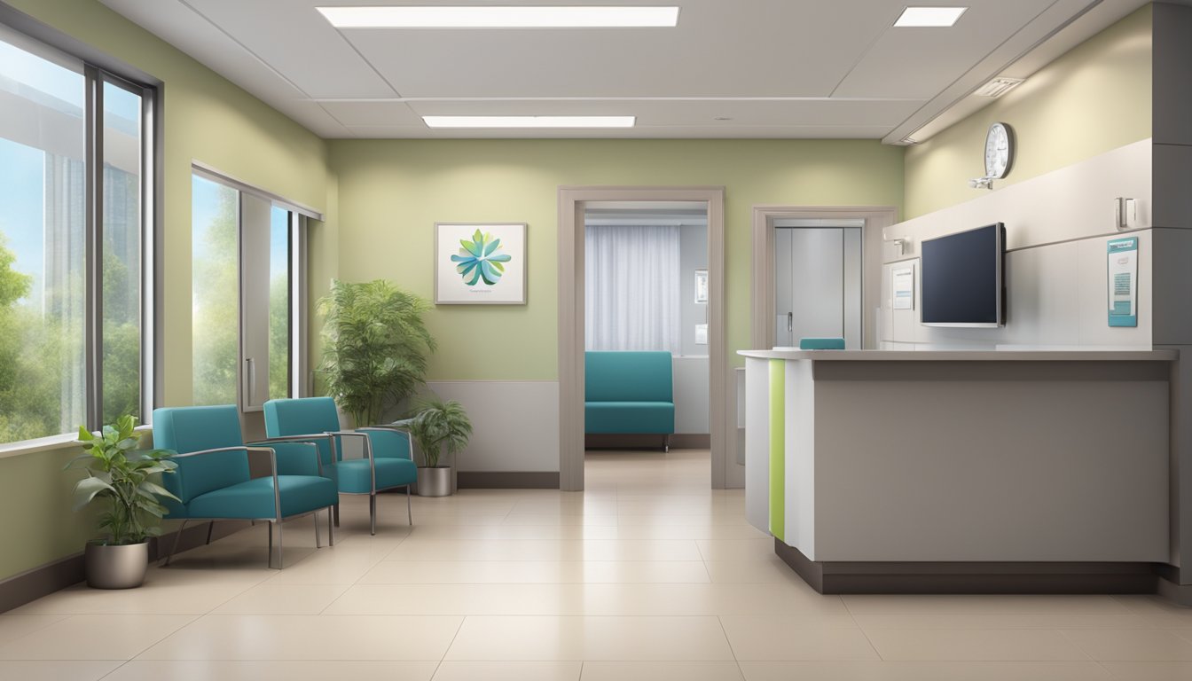 A modern, clean medical concierge office with comfortable seating, friendly staff, and a professional atmosphere. A logo prominently displayed on the wall
