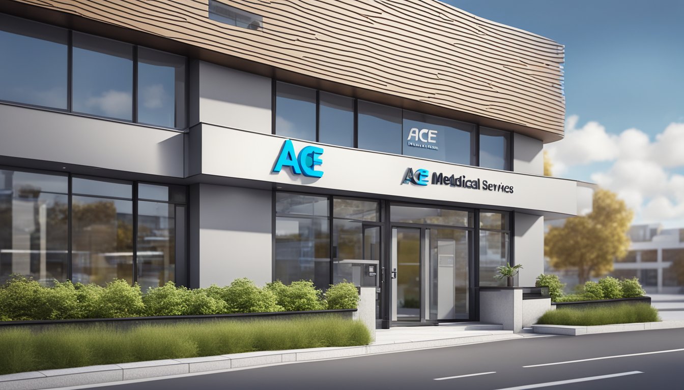 The exterior of Ace Medical Services, a modern building with a prominent sign. The surrounding area is well-lit, and the opening hours are displayed clearly