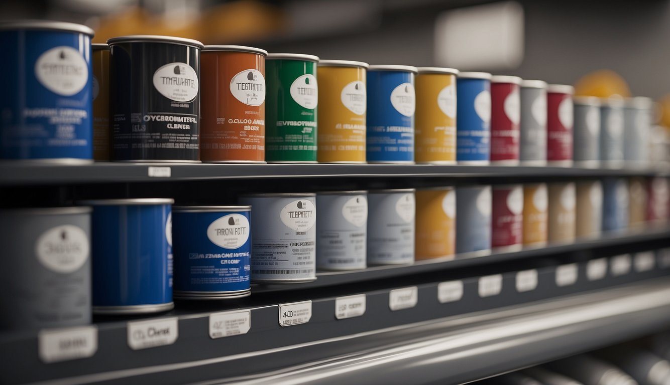 Various paint cans stored in a temperature-controlled room. Thermometer on the wall reads optimal storage temperature. Labels indicate different paint compositions