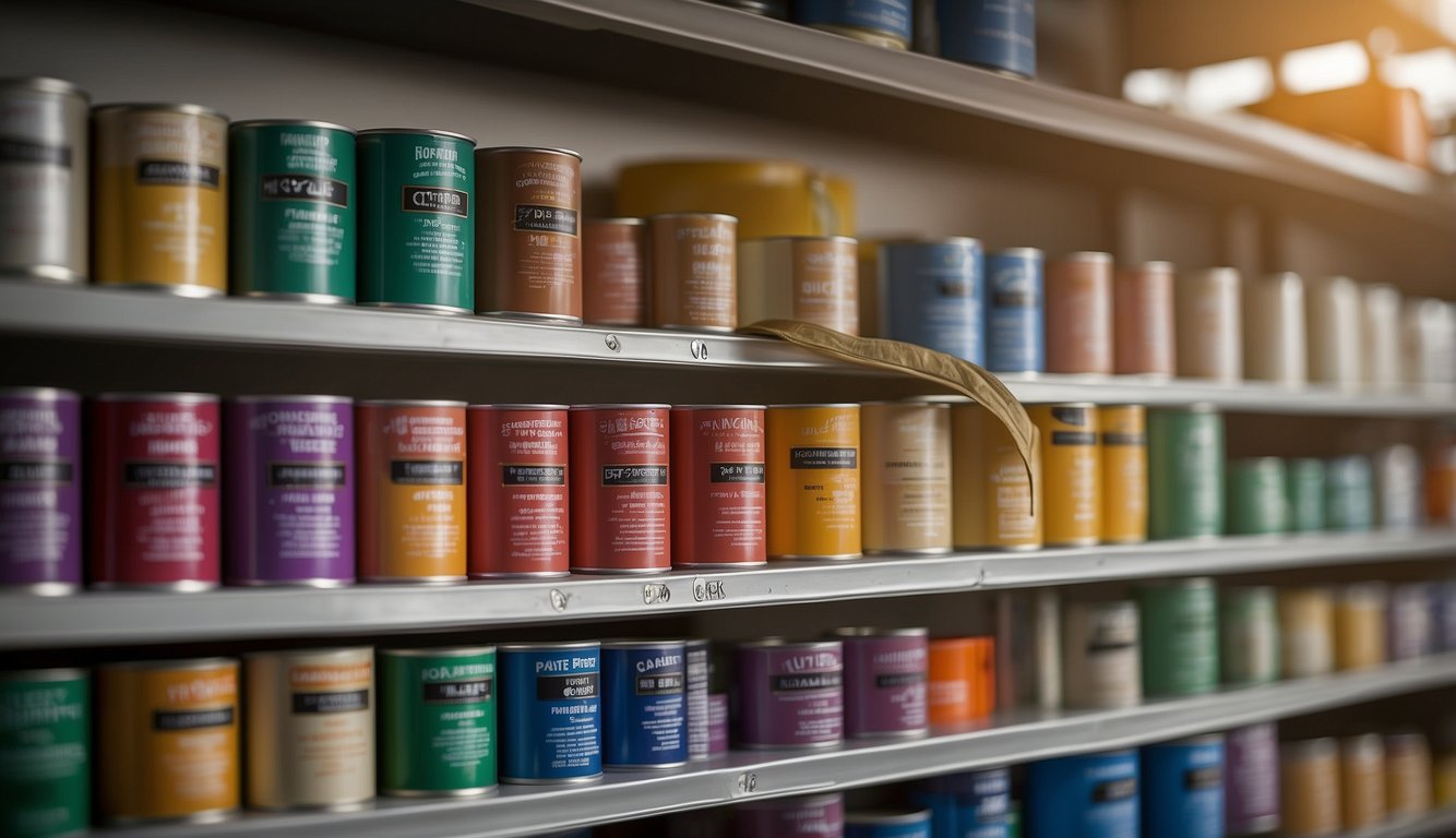 Paint cans neatly organized on shelves, labeled with "Do's and Don'ts of Paint Storage" guidelines. Thermometer displaying ideal storage temperature