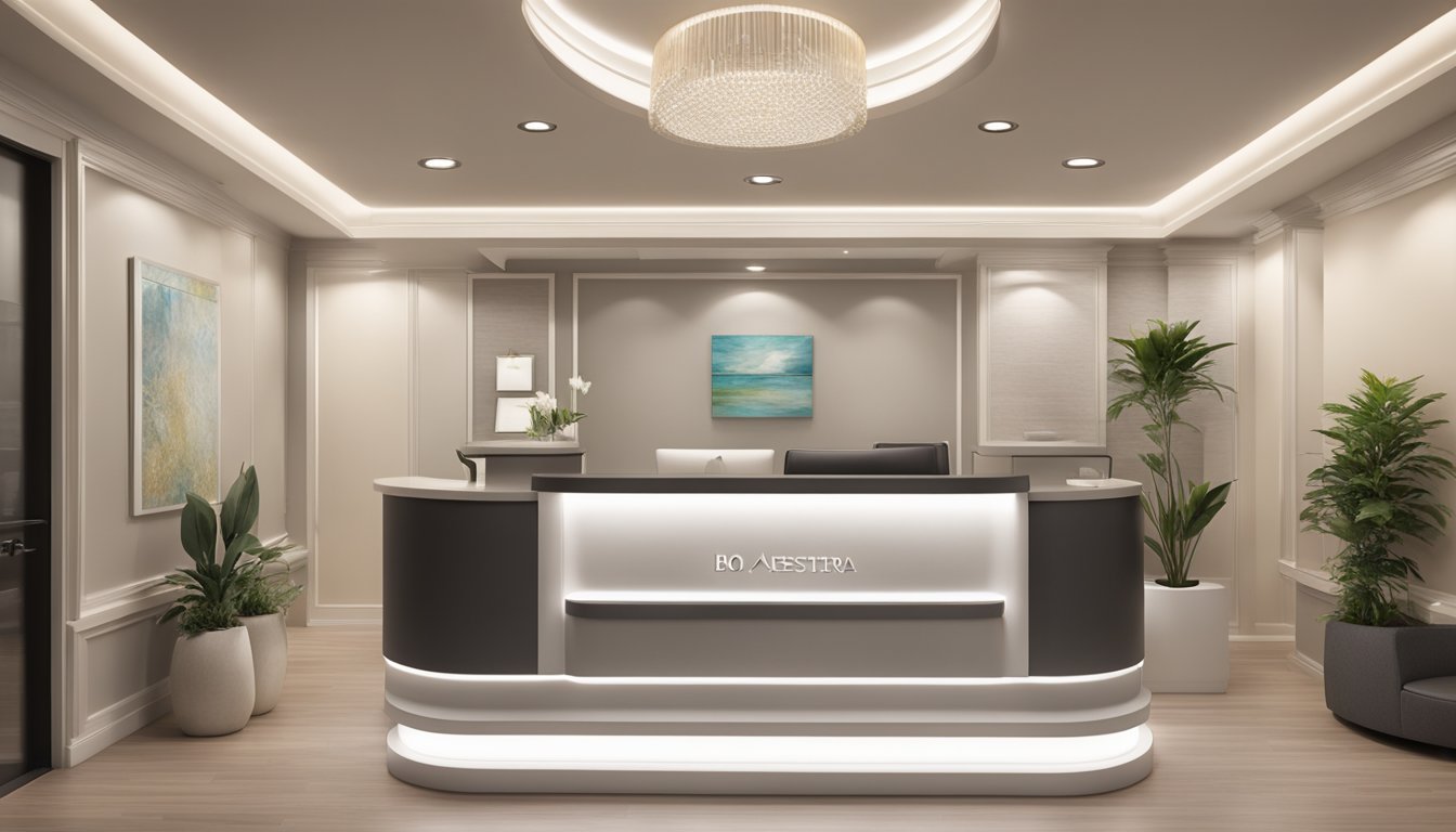 The reception area of Bio Aesthetic Medispa, with modern decor and a welcoming ambiance. A sleek reception desk, comfortable seating, and soft lighting create a serene and professional atmosphere
