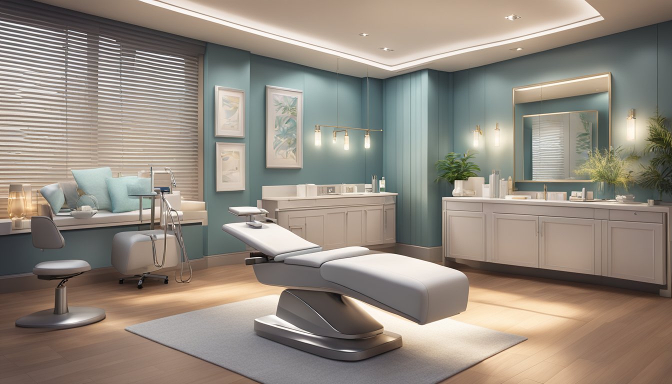 The scene is a modern, sleek medispa with clean lines and luxurious decor. Soft lighting highlights the state-of-the-art equipment and serene ambiance
