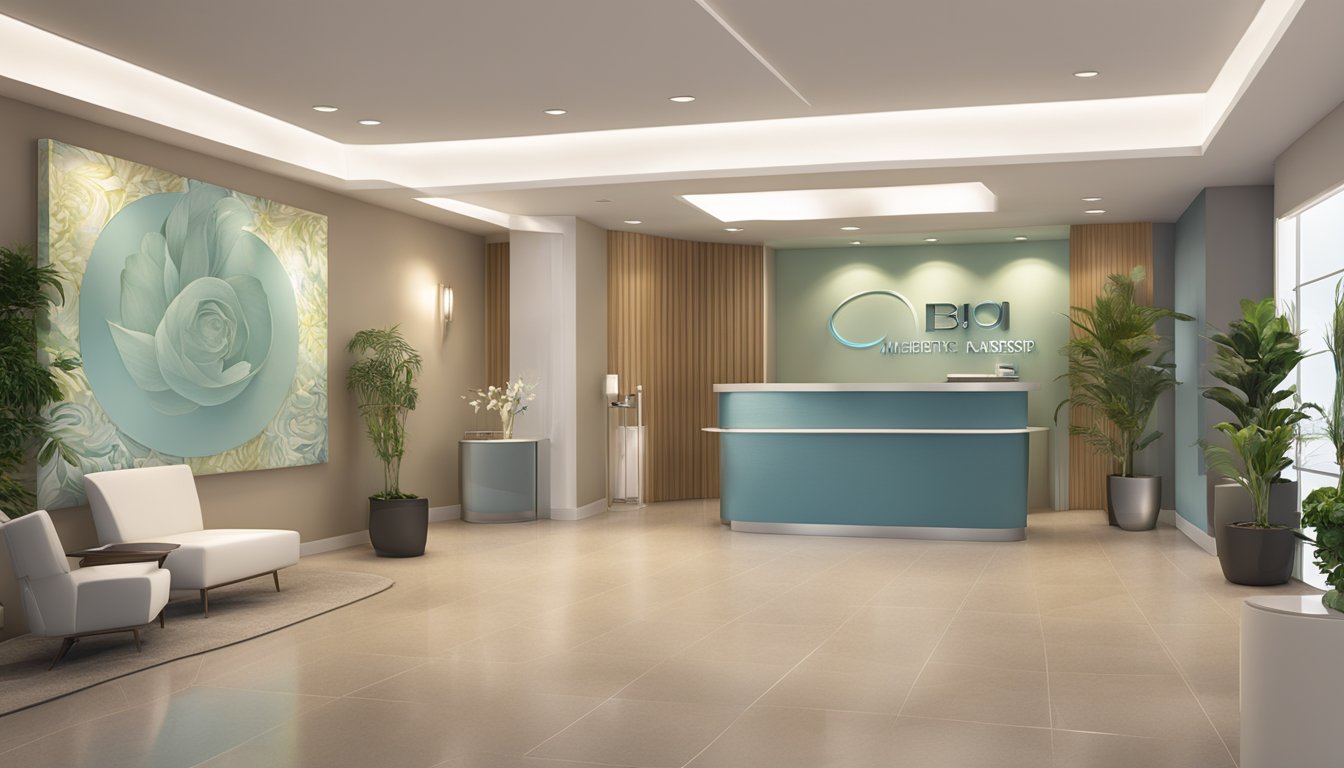 The Bio Aesthetic Medispa sign hangs above the sleek entrance, with a modern reception area and calming spa ambiance. A medical concierge assists clients with personalized care