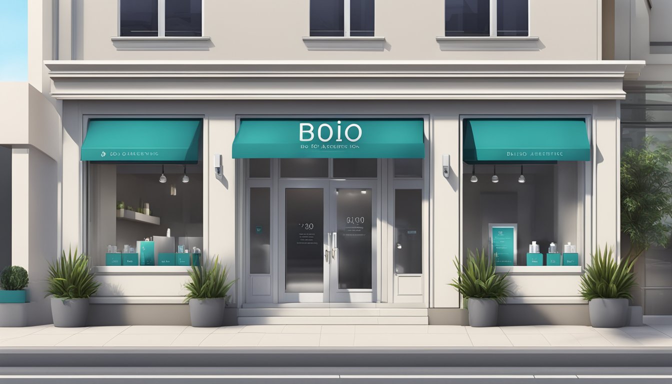 The storefront of Bio Aesthetic Medispa, with a sleek, modern design and a sign displaying the contact information and opening hours