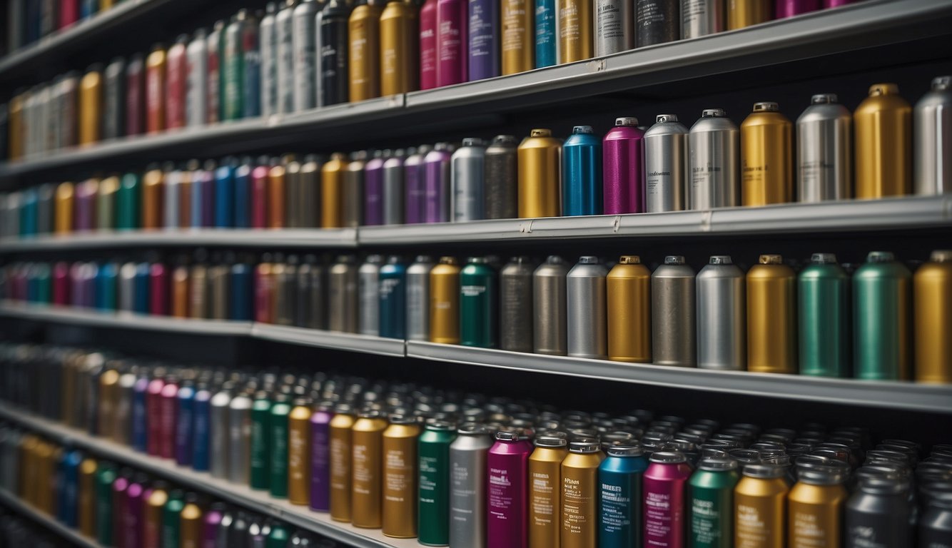 Spray paint cans neatly organized on a shelf with clear labels. Properly stored in a cool, dry area away from heat and sunlight