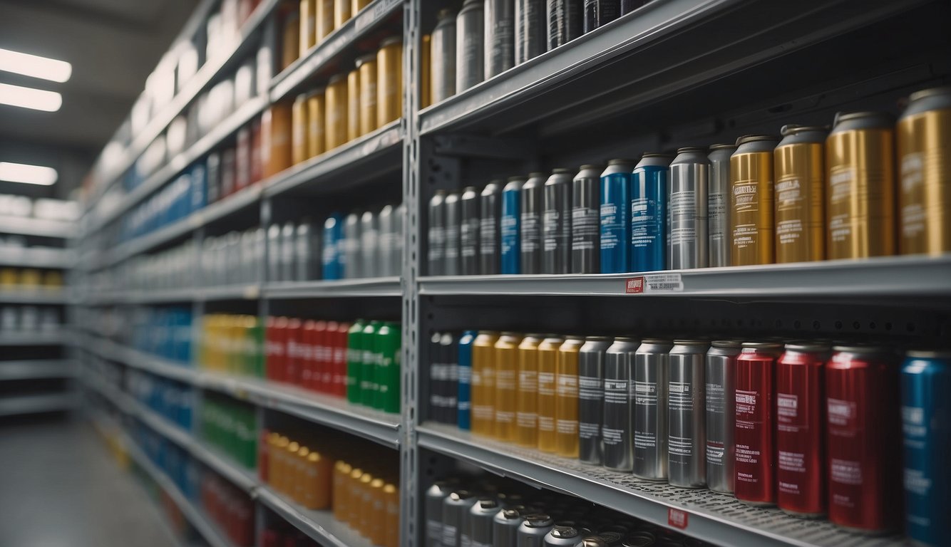 Spray paint cans neatly organized on shelves in a well-ventilated, temperature-controlled storage area with clear labeling for easy access