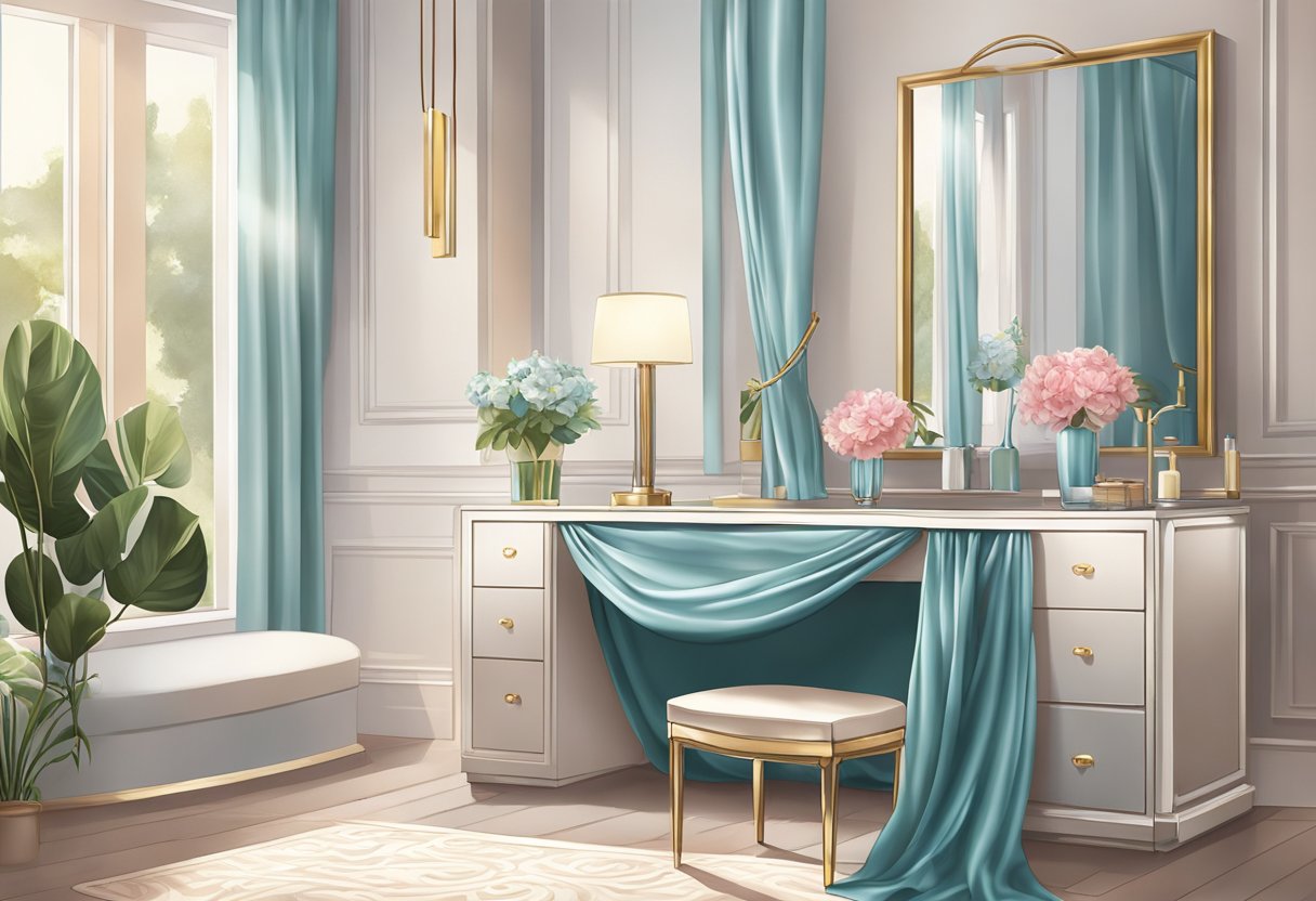 A silk hair wrap drapes over a vanity table, catching the light with its smooth, shiny texture