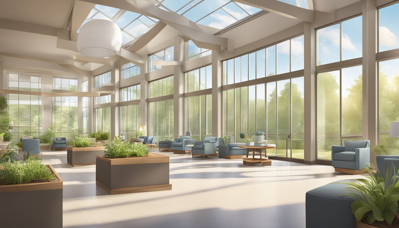A modern, spacious cancer treatment center with calming decor and natural light. Large windows overlook a peaceful garden