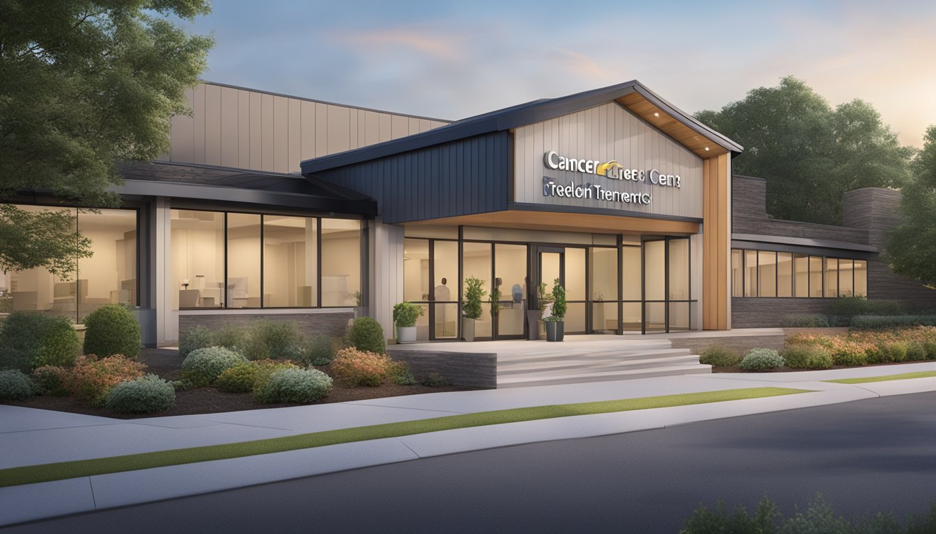 A modern, welcoming cancer treatment center with a prominent "Scope of Services" icon displayed on the front entrance