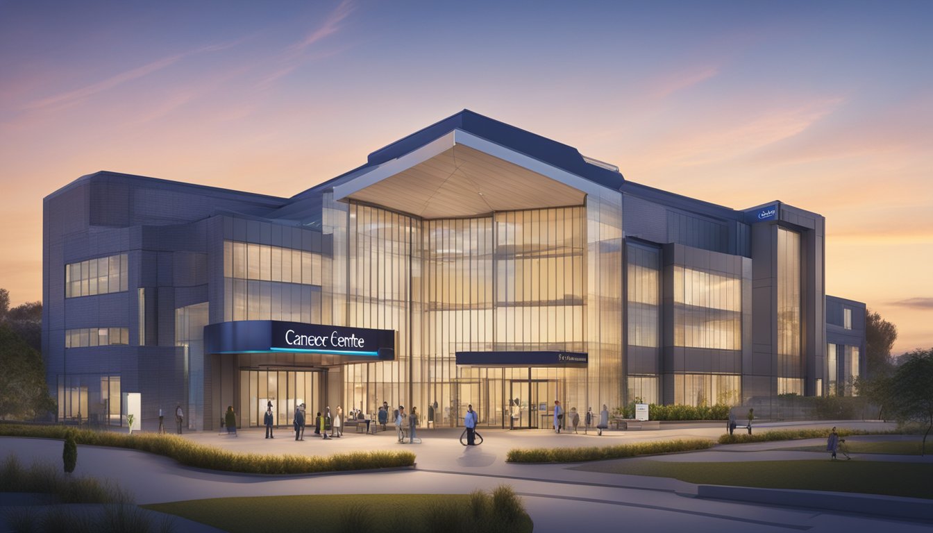 The Icon Cancer Centre sign shines brightly against the dusk sky, with contact information and opening hours displayed clearly