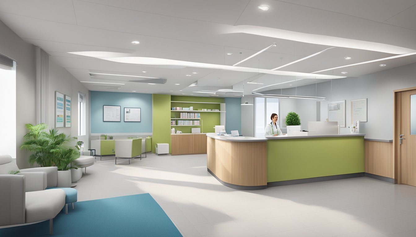 A modern medical facility with a welcoming reception area, clean and organized consultation rooms, and a professional staff assisting patients