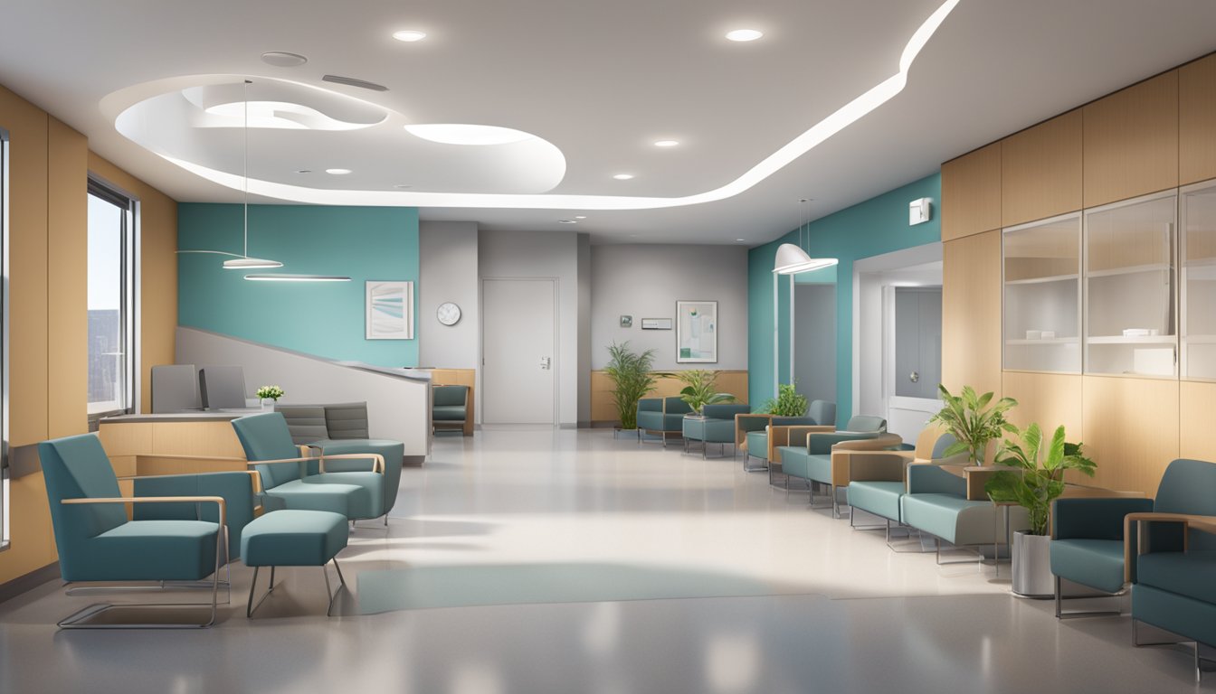 A modern medical facility with a sleek reception area, comfortable seating, and a friendly staff assisting patients. The space exudes a sense of professionalism and care