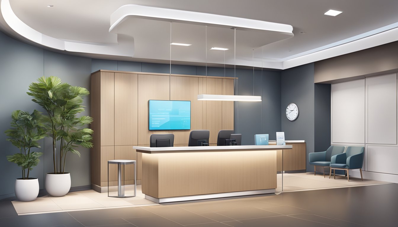 A modern medical concierge office with sleek furniture, a welcoming reception area, and professional staff assisting patients