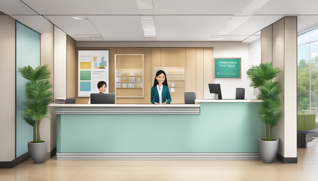 A welcoming reception area with modern furniture and a friendly receptionist. A sign displaying "Healthy Medical Group - Medical Concierge SG" is prominently displayed