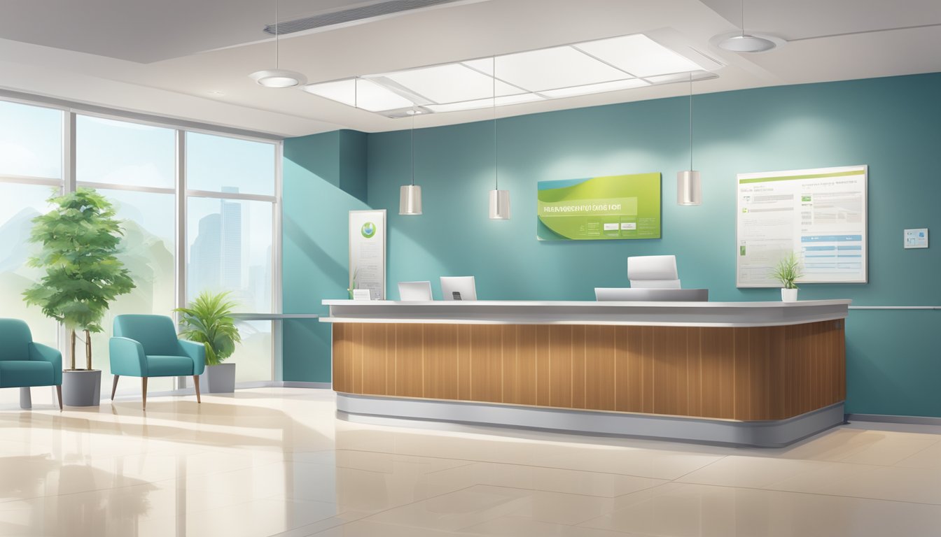 The scene is set in a modern medical center with a sleek reception desk, comfortable waiting area, and visible contact information and opening hours displayed on a prominent sign