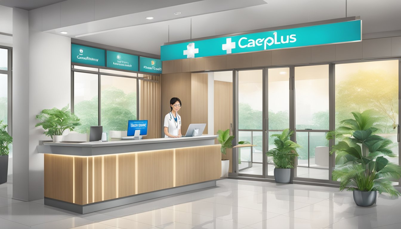A modern medical facility with CarePlus Vietnam signage and a welcoming concierge desk in Singapore