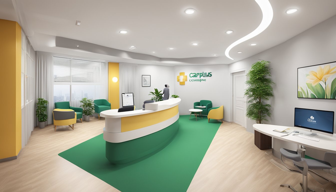 A modern, clean medical concierge office with a welcoming reception area and comfortable seating. A professional and organized atmosphere with CarePlus Vietnam branding visible throughout the space