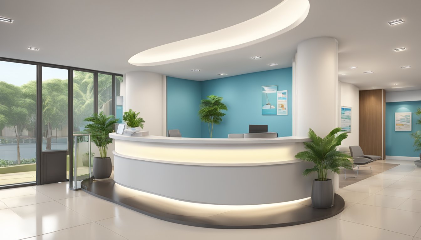 A modern medical concierge office in Vietnam, with a sleek design and comfortable waiting area. A friendly receptionist greets patients as they enter