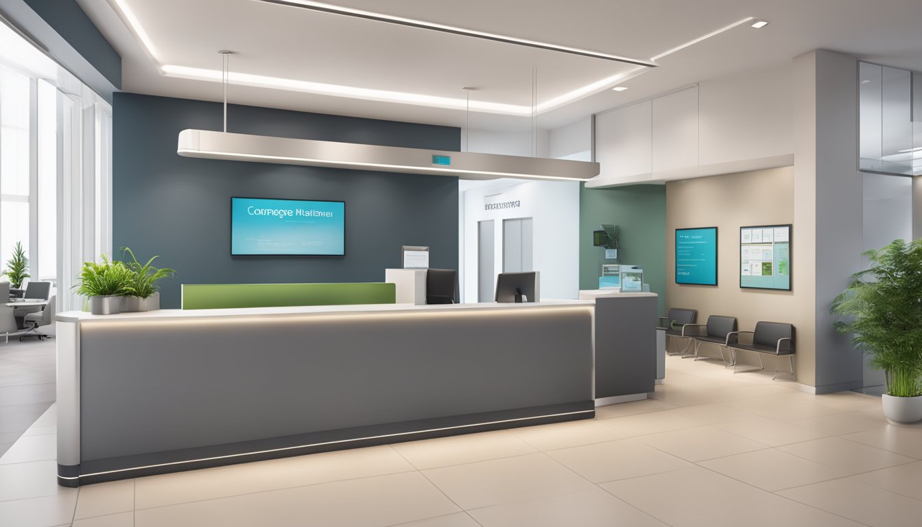 A modern medical concierge office with a sleek reception desk, comfortable waiting area, and clear signage. The entrance is bright and welcoming, with the company's contact information and opening hours prominently displayed